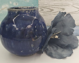 Shiny Blue Handmade Ceramic Vase, Thrown Pottery Vase - Home Décor for Fresh or Dried Flowers, Soda Fired