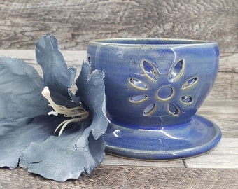 Berry Bowl/Colander - Hand Thrown and Carved - One Piece Berry Bowl - Chun Blue Glaze