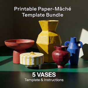 May include: A collection of five colorful paper-mâché vases in various shapes and sizes. The vases are painted in shades of red, yellow, and blue, with a striped container. The image includes the text "Printable Paper-Mâché Template Bundle" and "5 VASES Template & Instructions."
