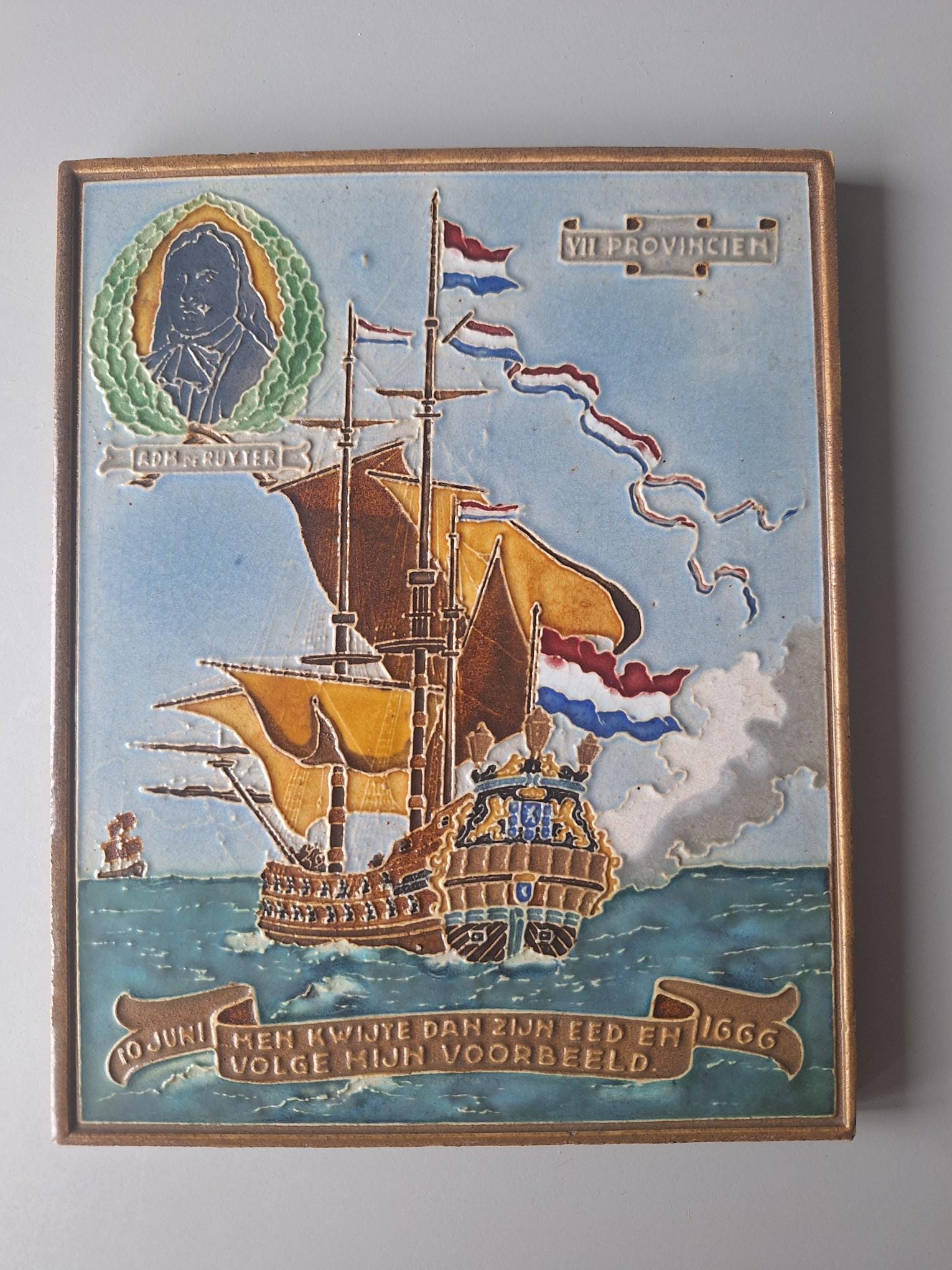 Cloisonne tile Westraven: Michiel de Ruyter with his ship The Seven Provinces