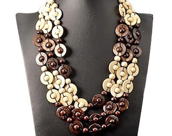 White and Brown Wooden Bead and Ring Layered Necklace, Handmade Boho Textile String Jewelry