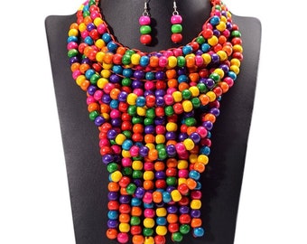 Colorful Multi-Layer Wooden Coconut Statement Necklace and Earring Set, Handmade Beaded Jewelry