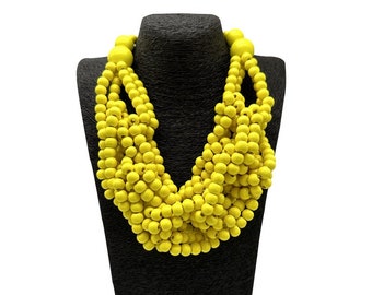 Cheerful Yellow Multi-Layer Wooden Bead Necklace - Sunny Boho Statement Accessory