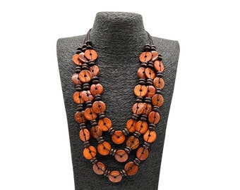 Handcrafted Orange Wooden Bead Necklace - Multi-Strand Bohemian Statement Piece