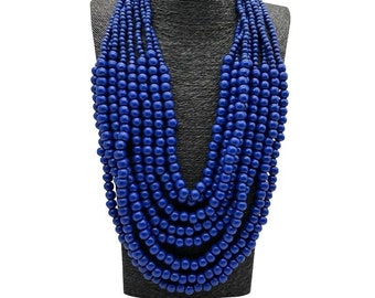 Elegant Multistrand Blue Wooden Bead Necklace - Bohemian Layered Artisan Jewelry