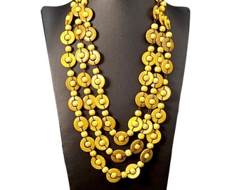Gelbe Statement Halskette, lange Boho Halskette, mehrschichtige gelbe Perlenkette, afrikanische Holzkette
