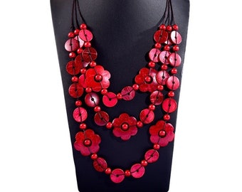 Red Wooden Necklace, Bohemian Statement Necklace, Ethnic Vintage Jewelry with Flower Beads