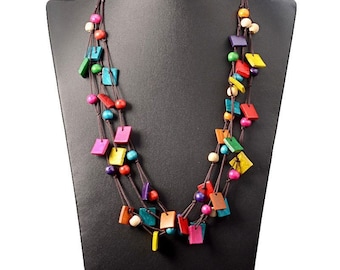 Bohemian Statement Necklace, Multi Layer Beaded Necklace, Long Wooden Necklace, Vintage Necklace