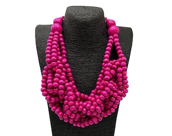 Radiant Red Multi-Strand Wooden Bead Necklace - Bold Bohemian Artisan Jewelry