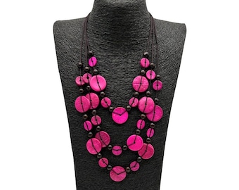 Rosa Boho Holzperlenkette - Handgefertigter Statement Schmuck