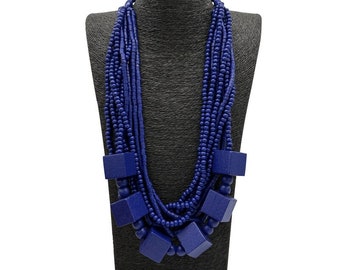 Elegant Royal Blue Wooden Necklace - Multistrand Beaded Statement Jewelry
