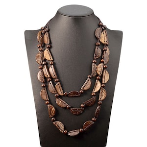 Brown Wooden Necklace with Coconut Shells, 3 Layered Boho Necklace