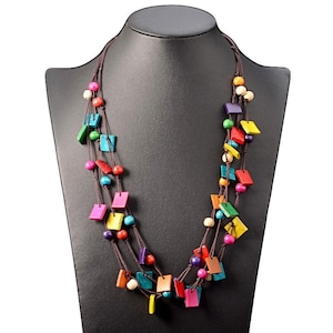 Bohemian Statement Necklace, Multi Layer Beaded Necklace, Long Wooden Necklace, Vintage Necklace