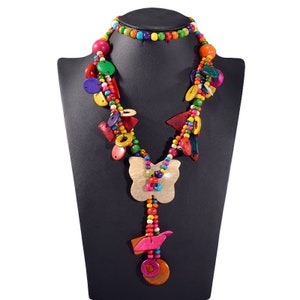 Colorful Wooden Bead Necklace with Butterfly Pendant, Boho Handmade Adjustable Jewelry