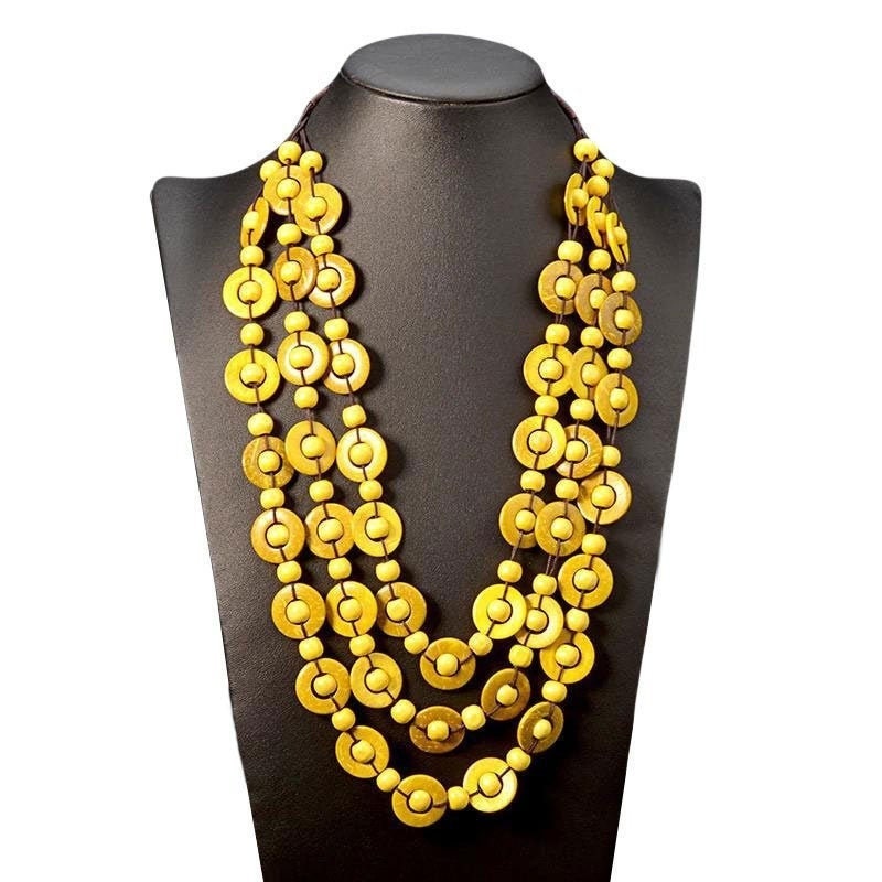Yellow Statement Necklace, Long Bohemian Necklace, Multilayer Yellow Bead Necklace, Wooden African Necklace