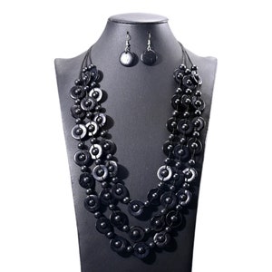 Black Wooden Bead and Coconut Shell Necklace Set - Bohemian Layered Statement Jewelry with Matching Earrings