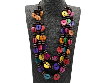 Multicolor Wooden Bead Necklace - Boho Chic Handmade Multistrand Jewelry