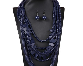 Bohemian Navy Blue Wooden Bead Necklace and Earrings Set, Layered Statement Jewelry, Eco-Friendly Handcrafted Accessory