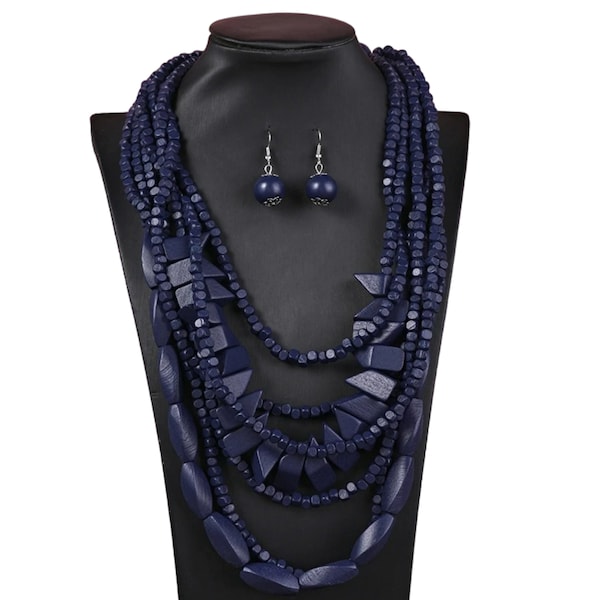 Bohemian Navy Blue Wooden Bead Necklace and Earrings Set, Layered Statement Jewelry, Eco-Friendly Handcrafted Accessory