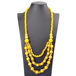 Chunky Yellow Multi Strand Necklace, Long Layered Wooden Bead Jewelry, Boho Statement Bib, Vibrant Summer Fashion Gift for Her