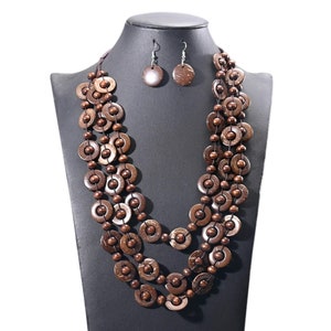 Bohemian Wooden Bead and Coconut Shell Necklace Set, Handcrafted Eco-Friendly Jewelry, Rustic Earth Tone Statement Accessory with Earrings
