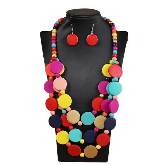 Multicolor Wooden Bead Necklace Set Boho Statement Jewelry, Handcrafted  Eco-Friendly Wooden Material, Vibrant Fashion Accessory