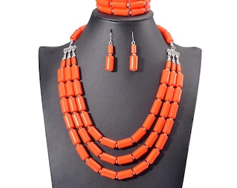 Orange Acrylic Bead Jewelry Set - Multi-Strand Necklace, Dangle Earrings & Stretch Bracelet
