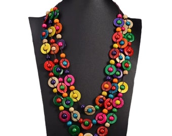 Bohemian Ethnic Statement Necklace, Multi Layer Beads Jewelry, Vintage Statement Long Necklace, Women Handmade Wooden Jewelry