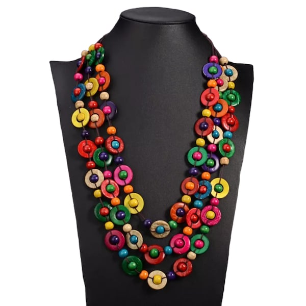 Collier tendance ethnique bohème, bijoux en perles multicouches, collier long tendance vintage, bijoux en bois faits main pour femme