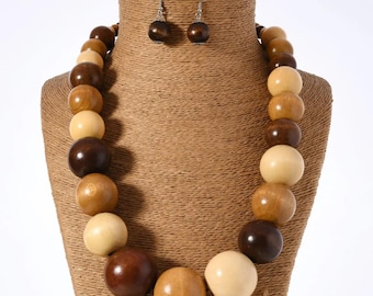 Earthy Wooden Bead Jewelry Set, Large Graduated Brown Bead Necklace, Rustic Boho Statement Earrings and Necklace, Natural Wood Beads