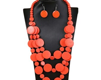Bold Orange Wooden Necklace Set - Statement Eco-Friendly Jewelry, Handcrafted Round Bead Necklace & Earrings, Vibrant Fashion Accessory