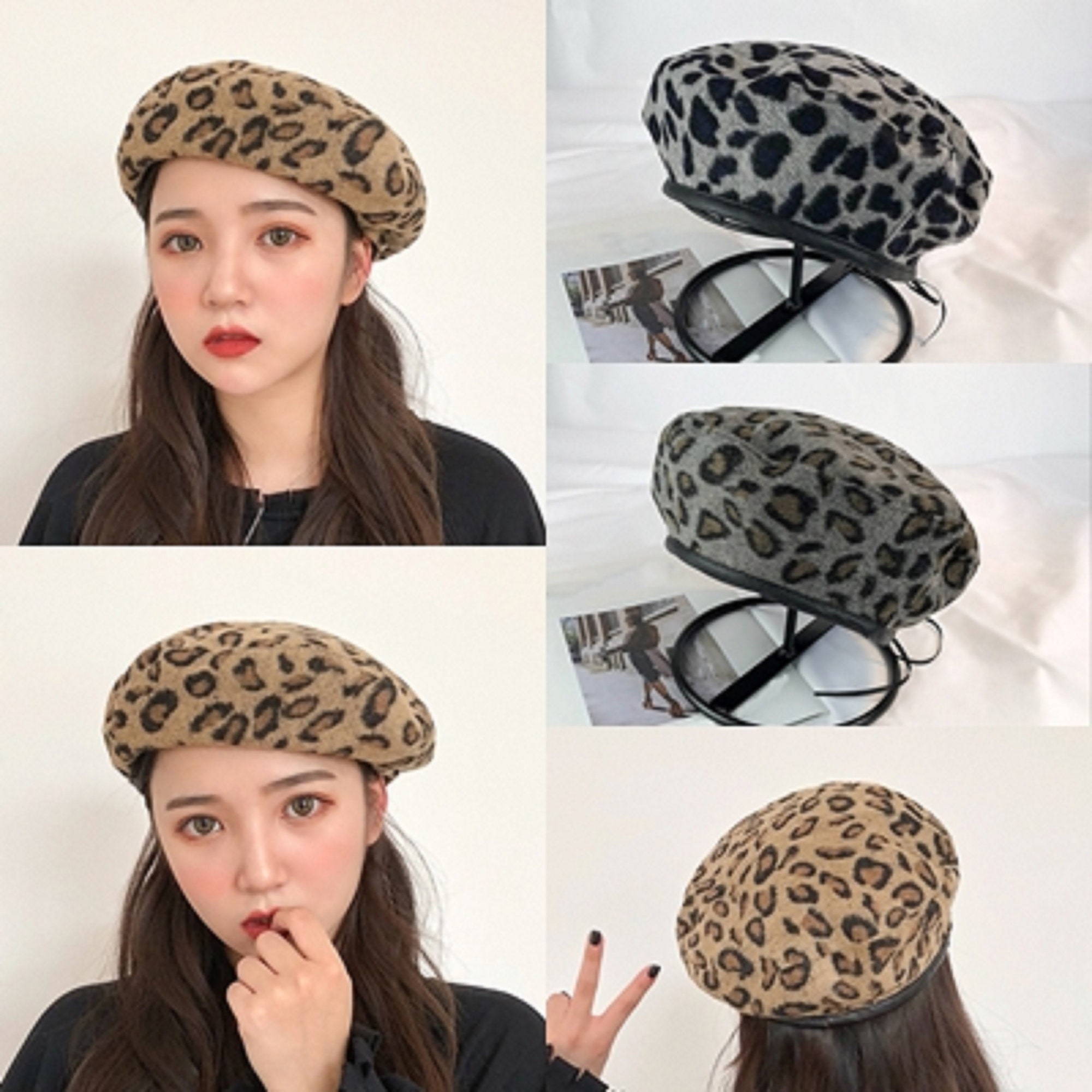 IL KEPS Women's Hat Cute Beret Vintage Hats For Women Leopard Felt