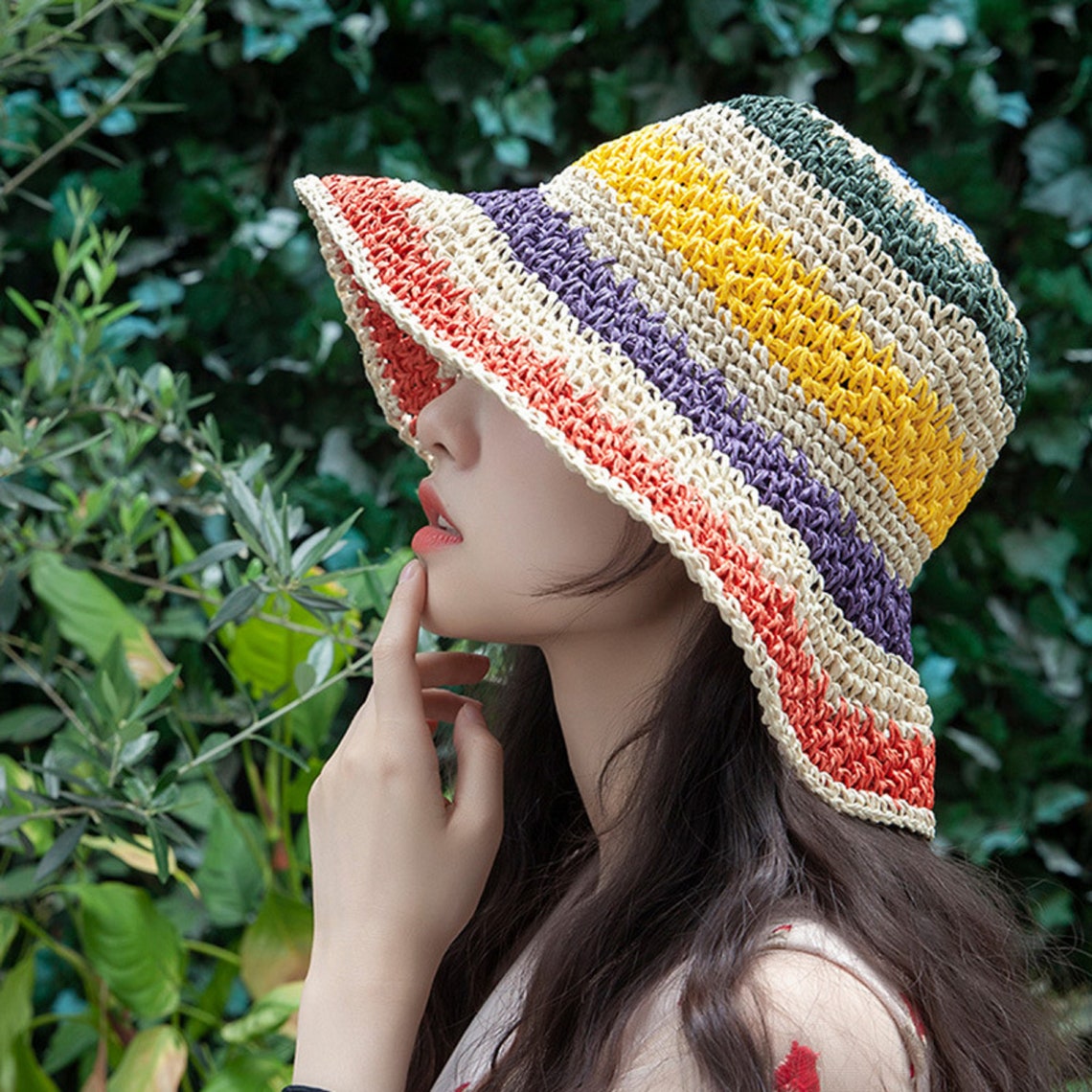 Woman Rainbow Striped Bucket Hat Foldable Straw Hat Straw Etsy Canada