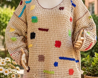 gehaakte trui, boho gehaakte top, oversized trui, beige gehaakte top, kleurrijke trui, handgemaakte pullover, patchwork gehaakt, boho