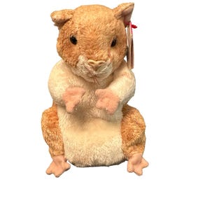 Peut inclure: Une peluche en forme de hamster, avec une fourrure marron et crème. L'animal en peluche a de petits yeux noirs, des pattes roses et un nez rose. Il est assis droit, les pattes devant. Une étiquette est attachée à l'oreille.