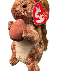 May include: A brown plush squirrel toy holding a brown acorn. The squirrel has a white belly and a red heart-shaped tag that reads "Beanie Babies". The toy is made of soft, textured material.