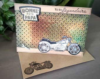 Carte Biker + son enveloppe assortie, crée à la main pour un anniversaire, la fête des pères ou des mères