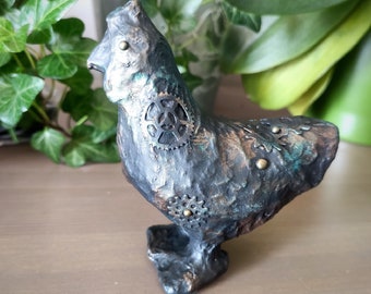 Steampunk-inspired papier-mâché chicken, hand-decorated