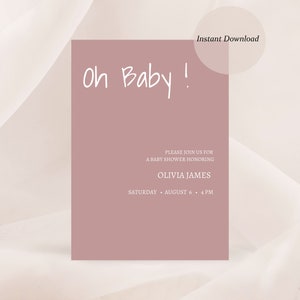 Baby shower uitnodiging sjabloon, roze moderne baby uitnodigen, afdrukbare douchekaart, bewerkbare Templett