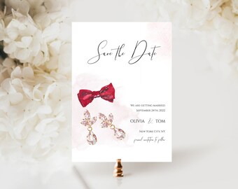 Pretty Pale Coral Pink Damask Bow Personalized Wedding Save The Date Cards
