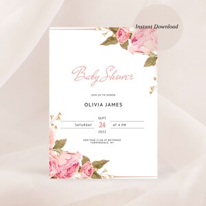 Baby shower uitnodiging sjabloon, roze moderne baby uitnodigen, afdrukbare douchekaart, bewerkbare Templett