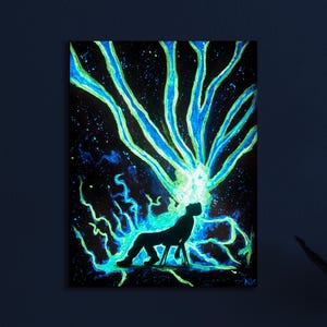 Glow in the dark painting of a man with cosmic energy bursting from his head, psychedelic galaxy wall art