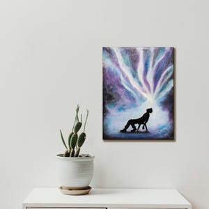 Glow in the dark painting of a man with cosmic energy bursting from his head, psychedelic galaxy wall art