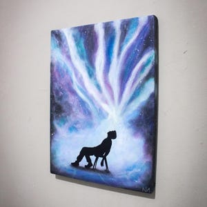 Glow in the dark painting of a man with cosmic energy bursting from his head, psychedelic galaxy wall art
