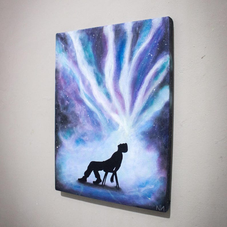 Glow in the dark painting of a man with cosmic energy bursting from his head, psychedelic galaxy wall art