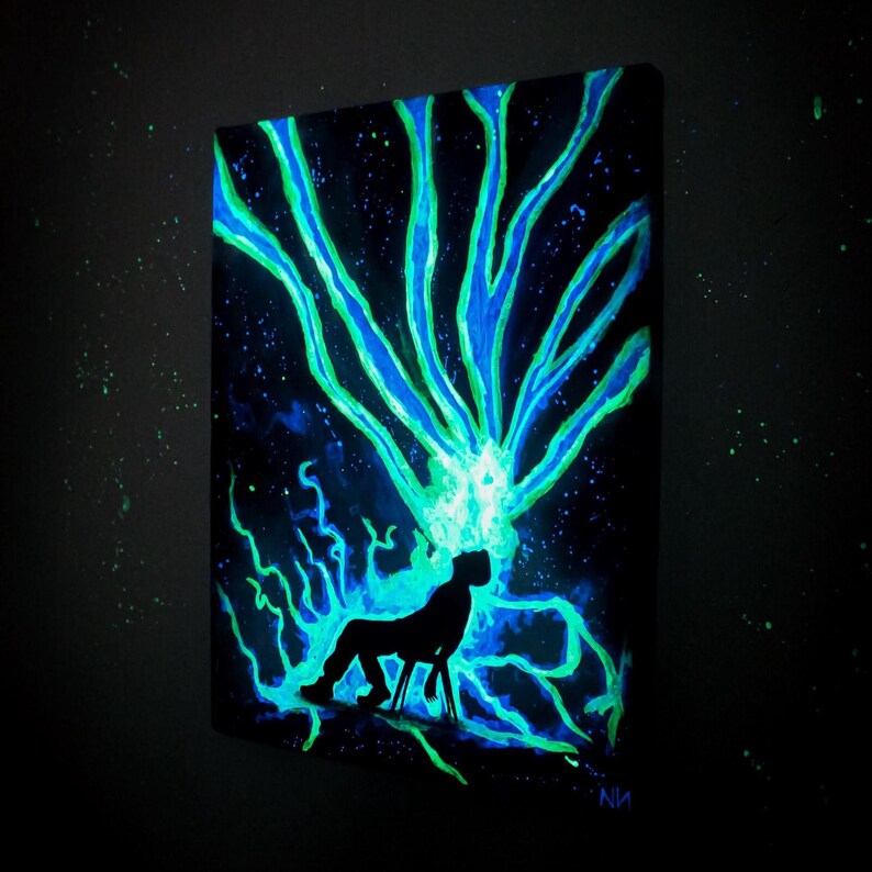 Glow in the dark painting of a man with cosmic energy bursting from his head, psychedelic galaxy wall art