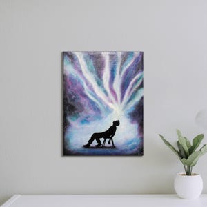 Glow in the dark painting of a man with cosmic energy bursting from his head, psychedelic galaxy wall art