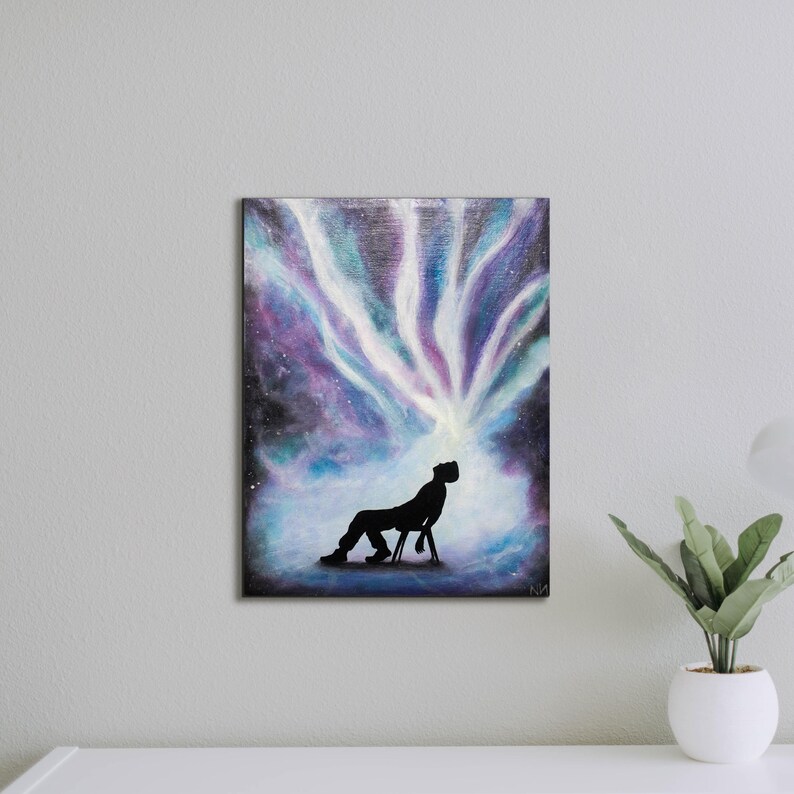 Glow in the dark painting of a man with cosmic energy bursting from his head, psychedelic galaxy wall art