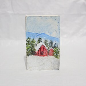 Casa en invierno - Piedra luminosa + Pintura sobre cartón (11x7) / pintura acrílica sobre cartón / bellas artes / joyas / regalos / minimalista