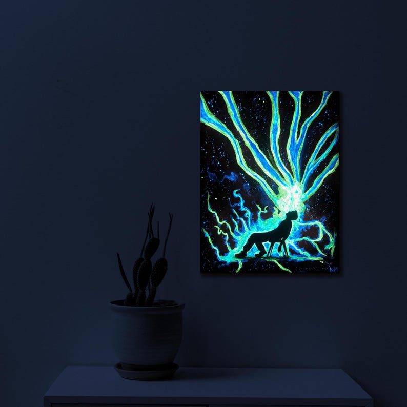 Glow in the dark painting of a man with cosmic energy bursting from his head, psychedelic galaxy wall art